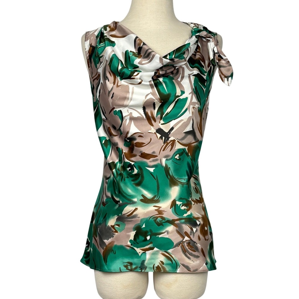 The Limited Sleeveless Blouse XS Green Floral Cowl Neck Tie Draped